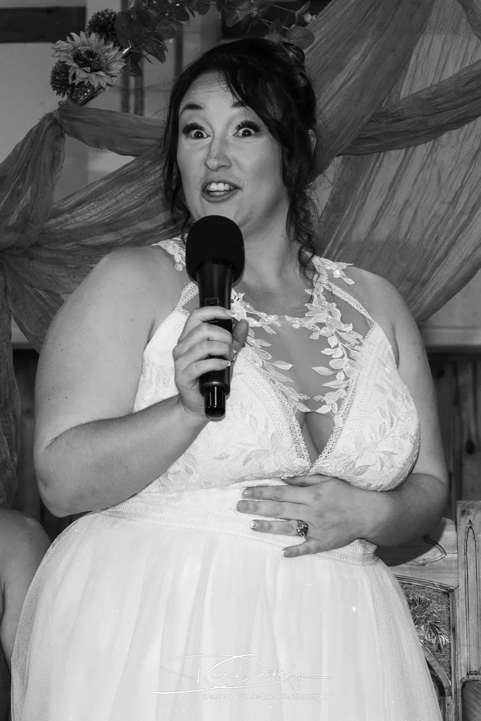 Bride making a speech at Clapham Holme Farm during an East Yorkshire wedding