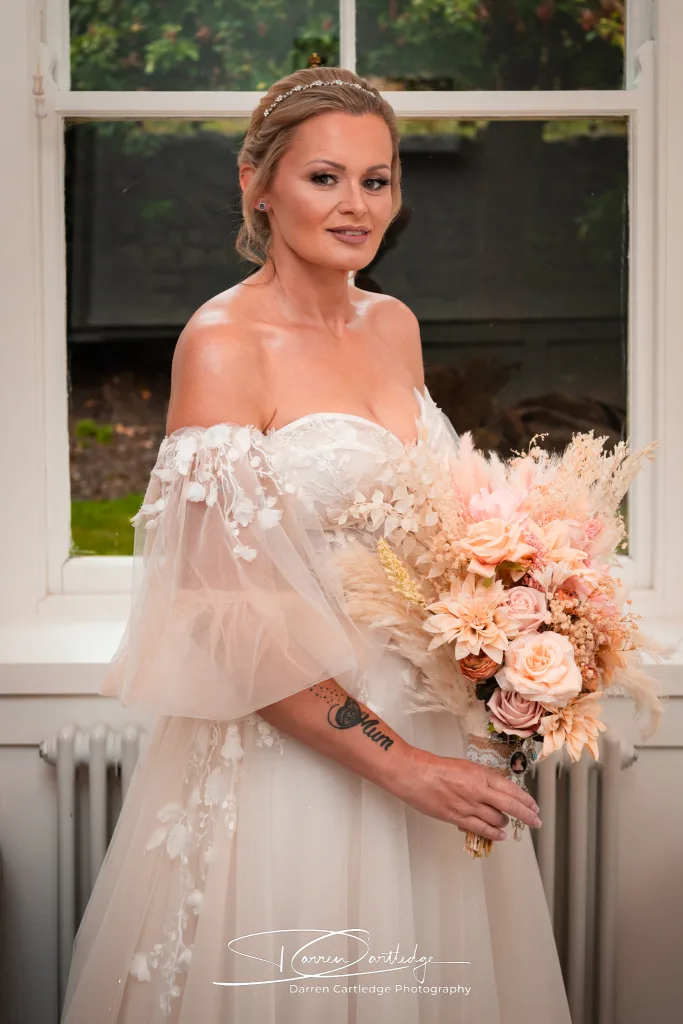 Portrait of bride after final preparations on the morning of a Yorkshire wedding