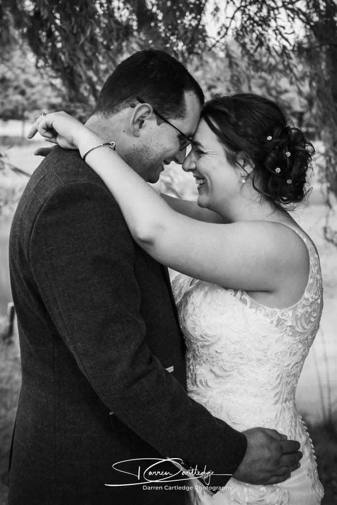 Close-up of bride and groom with foreheads touching during a Yorkshire wedding