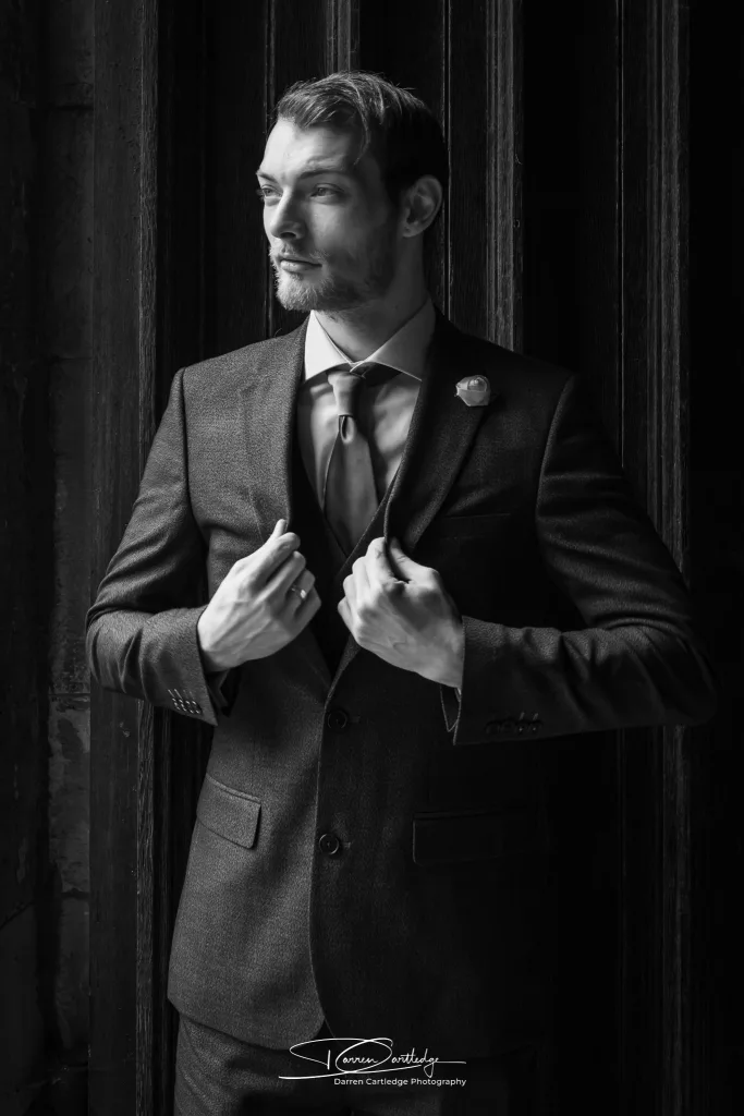Portrait of the groom during a Yorkshire wedding