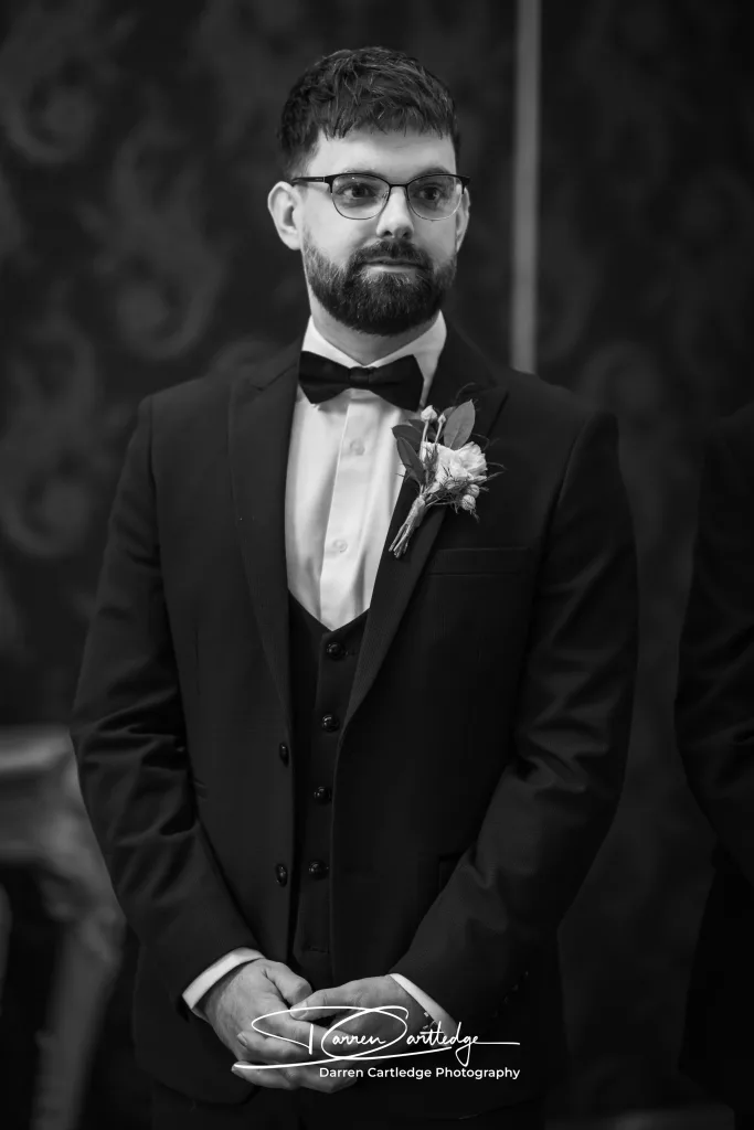 Groom waiting for the bride during the wedding ceremony at a Yorkshire wedding venue