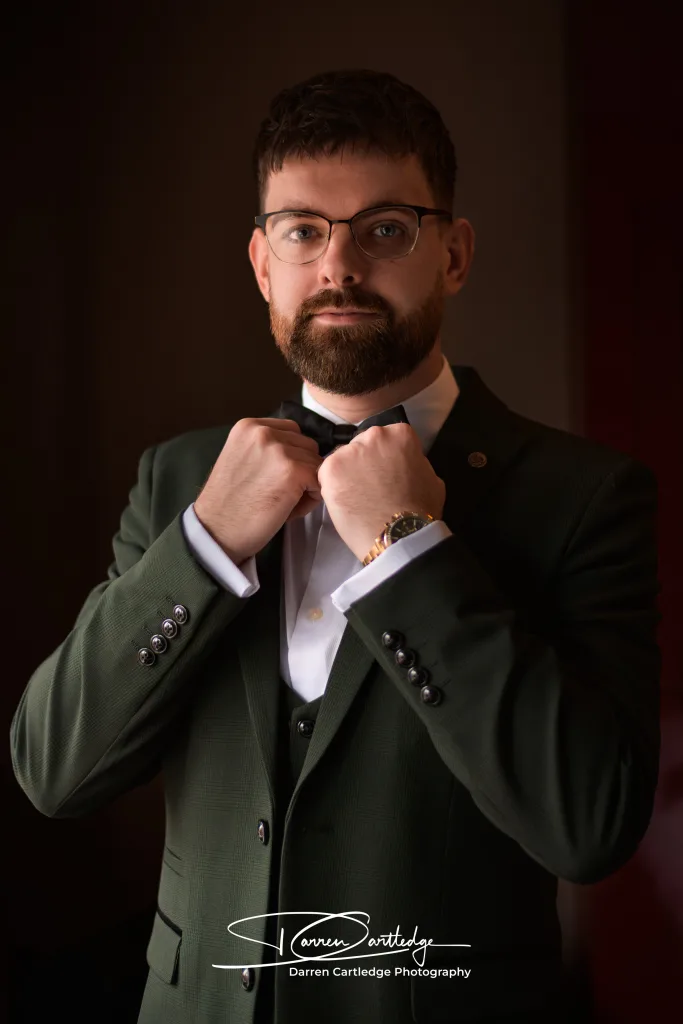 Groom portrait during preparation on the wedding morning in Lincolnshire