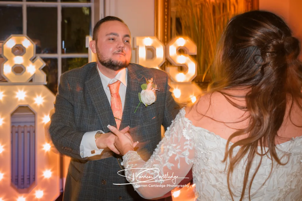 Johnathan and Leeann sharing a candid moment on the dance floor at Bawtry Hall, Yorkshire