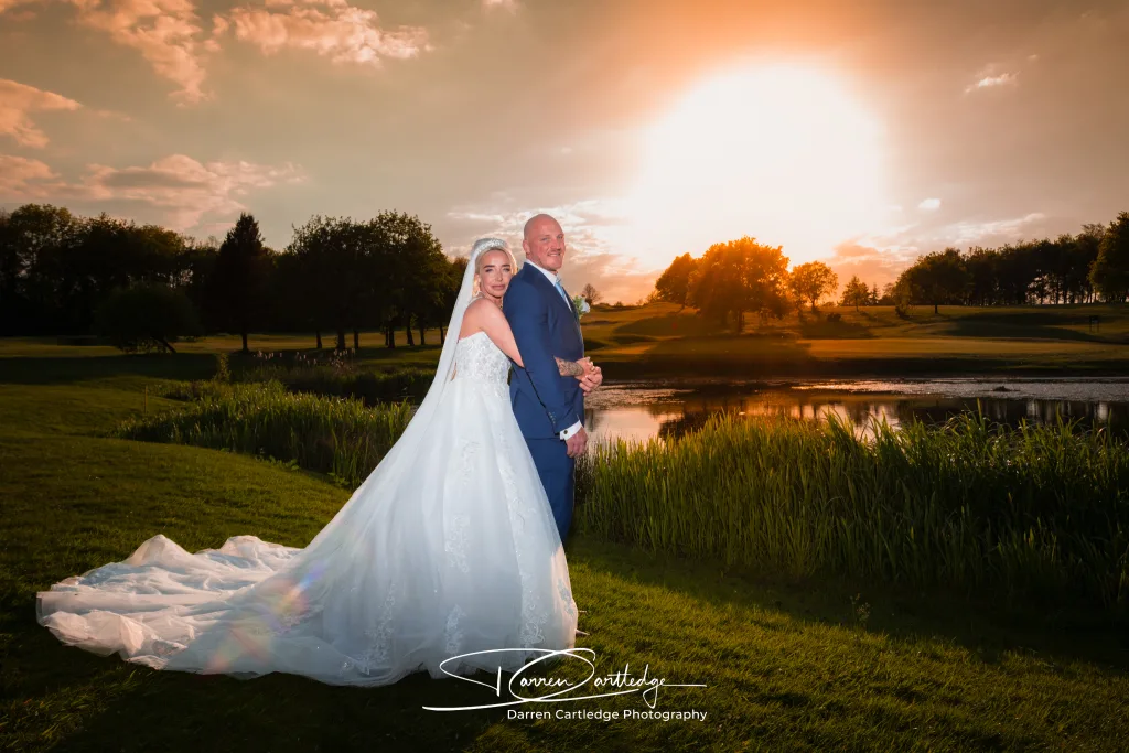 Bride and groom together at sunset during a wedding in West Yorkshire